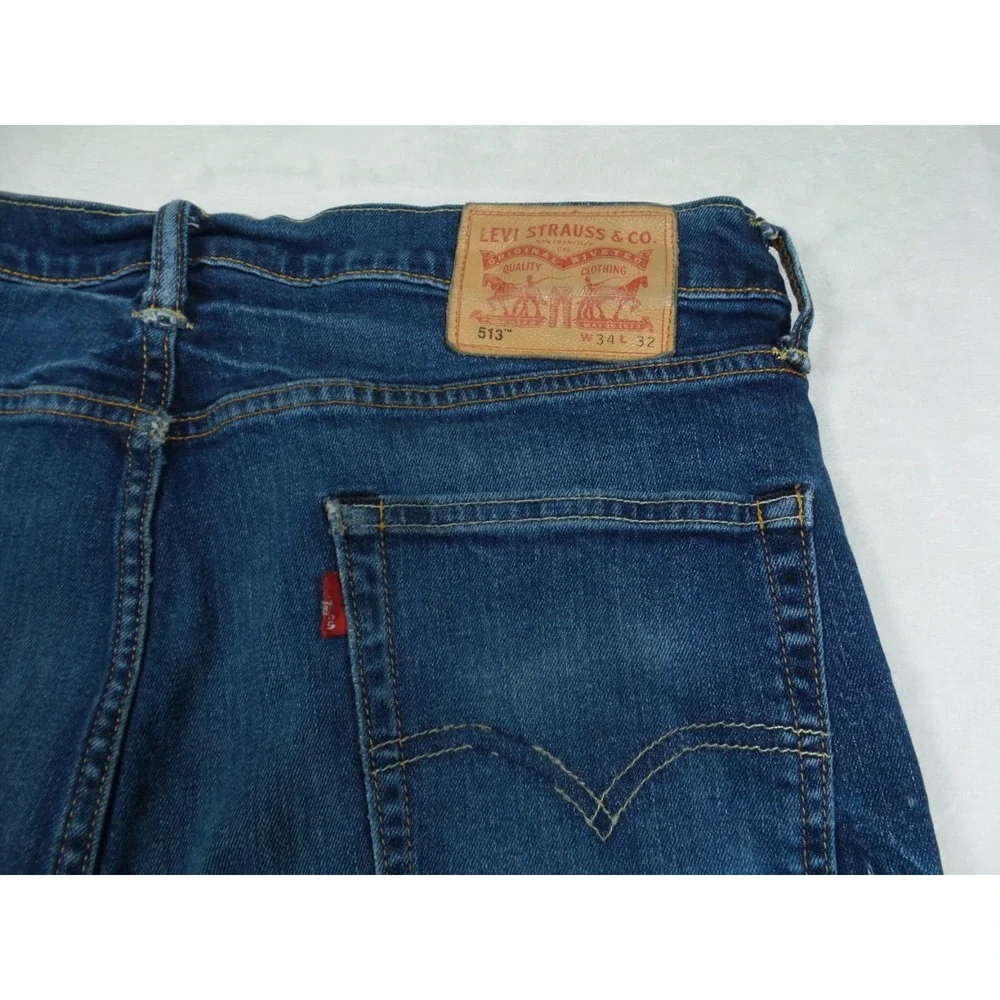 Levis 513 Mens Jeans 34 x 32 Blue Denim Slim Fit Straight Leg Mid Rise Stretch
